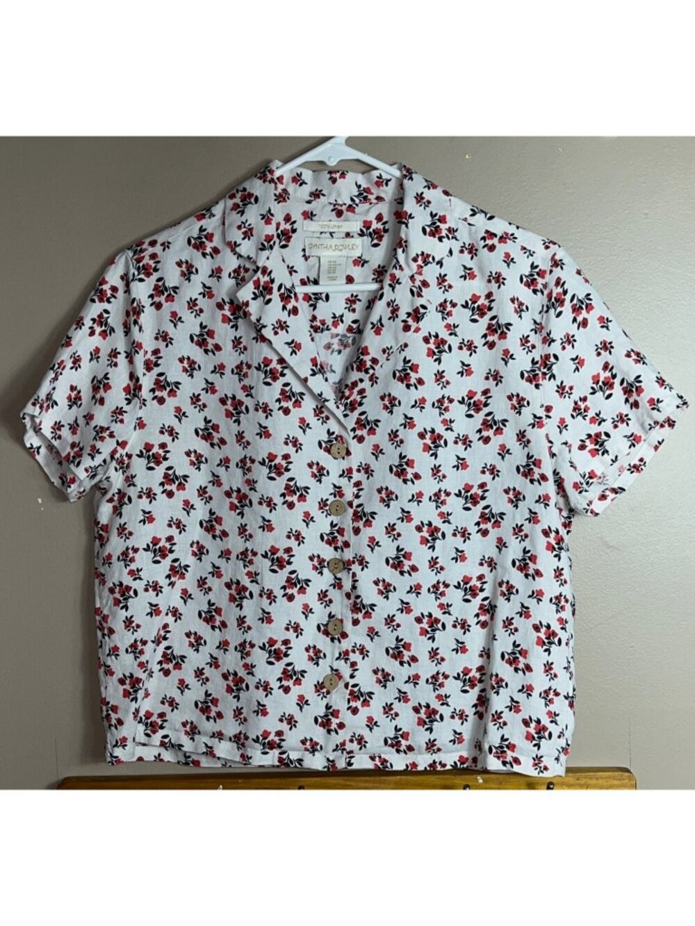 Cynthia Rowley Linen Button Shirt Red Floral Boxy Blouse Top Crop Preppy Wom XS - Picture 7 of 8